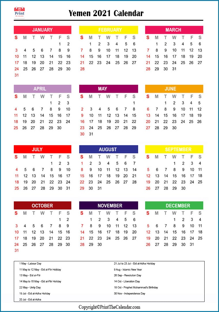 Yemen Printable Calendar 2021
